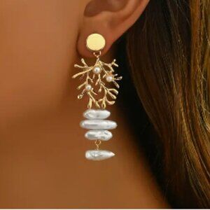 Gold plated and Faux Pearl Dangle Earrings coral branch
